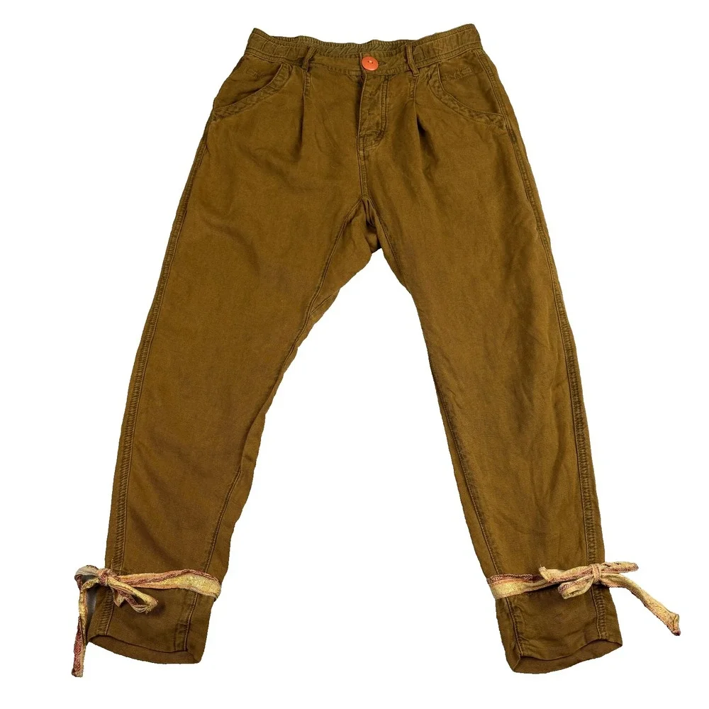 Free People Pants Womens 2 Brown Tencel Linen Pleated‎ Tapered Ankle Tie Boho